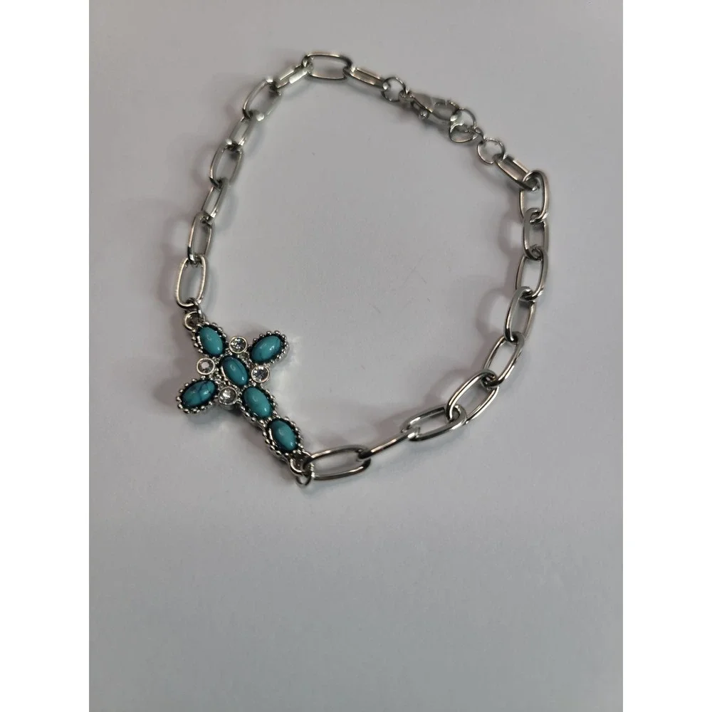 Silver Tone Blue Bracelet Cabochon Cross Bracelet Paperclip Chain Western Boho
